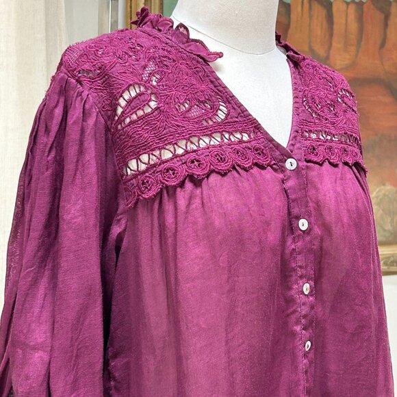 Boho Cottagecore Flowy Lace Blouse Romantic Puff Sleeve Ramie Plum Sundance, XS - Picture 4 of 15